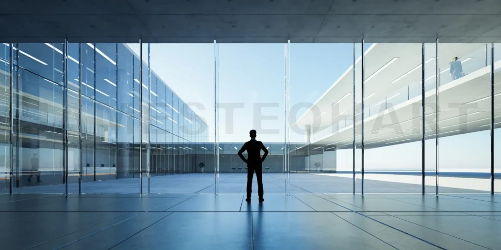 
Rear view of successful businessman looking the sky from his off