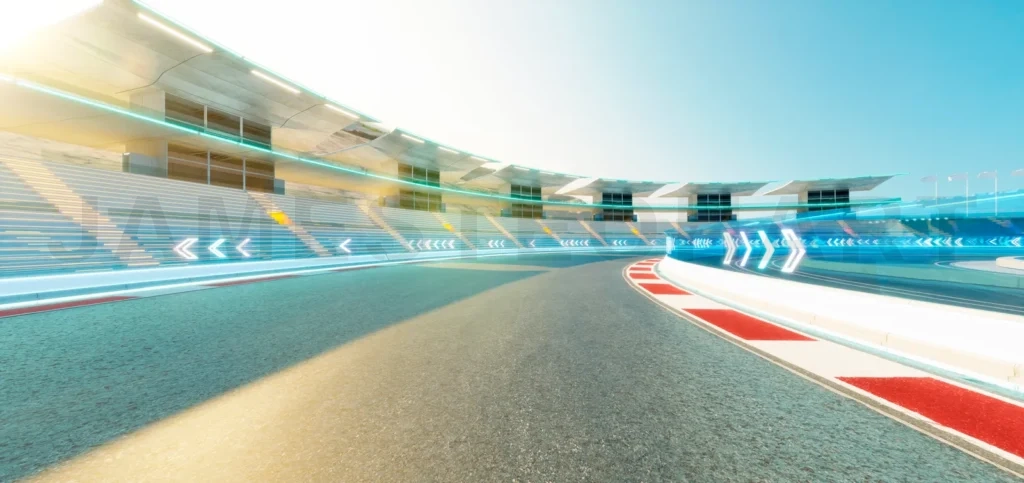 
3d rendering futuristic racing track with speed effects and stadium