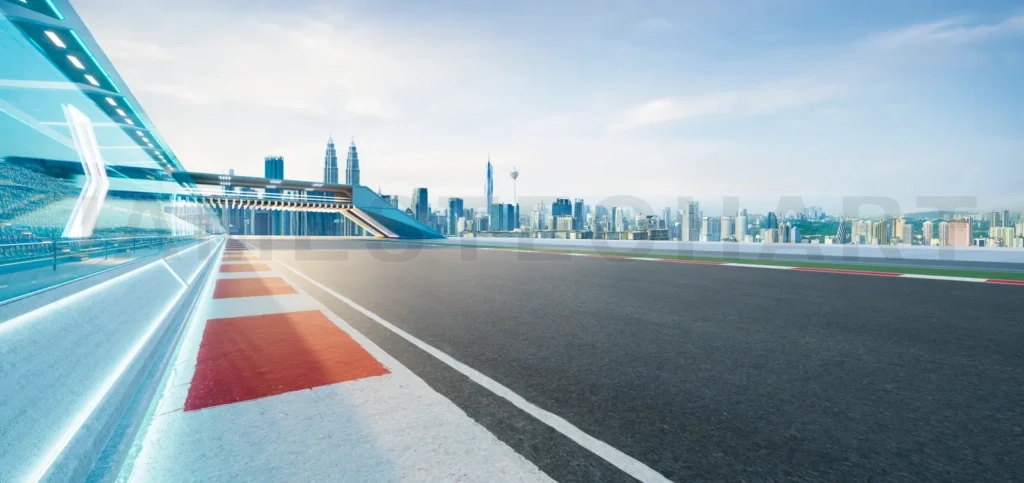 
3d rendering modern racetrack with futuristic elements overlooking city skyline