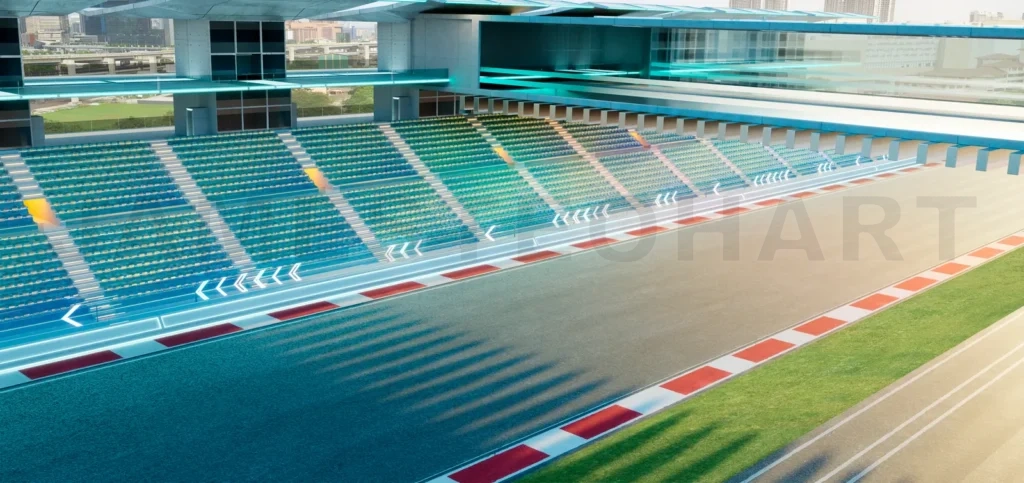 
3d rendering empty modern grandstand and racing circuit with data overlay