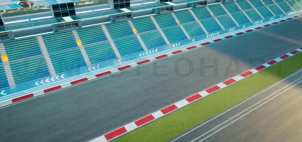 
3d rendering empty racing circuit grandstand preparing for motorsport event