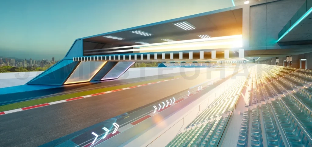 
3d rendering modern empty racing stadium racetrack during sunset