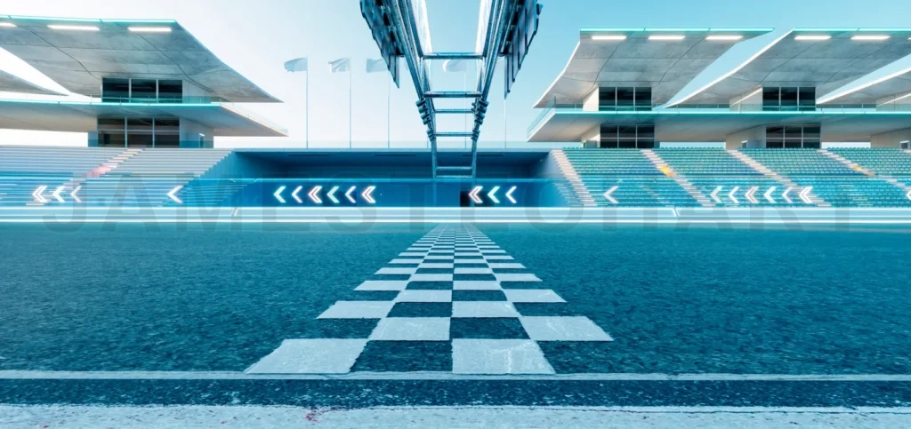 
3d rendering racetrack finish line with grandstands and futuristic design