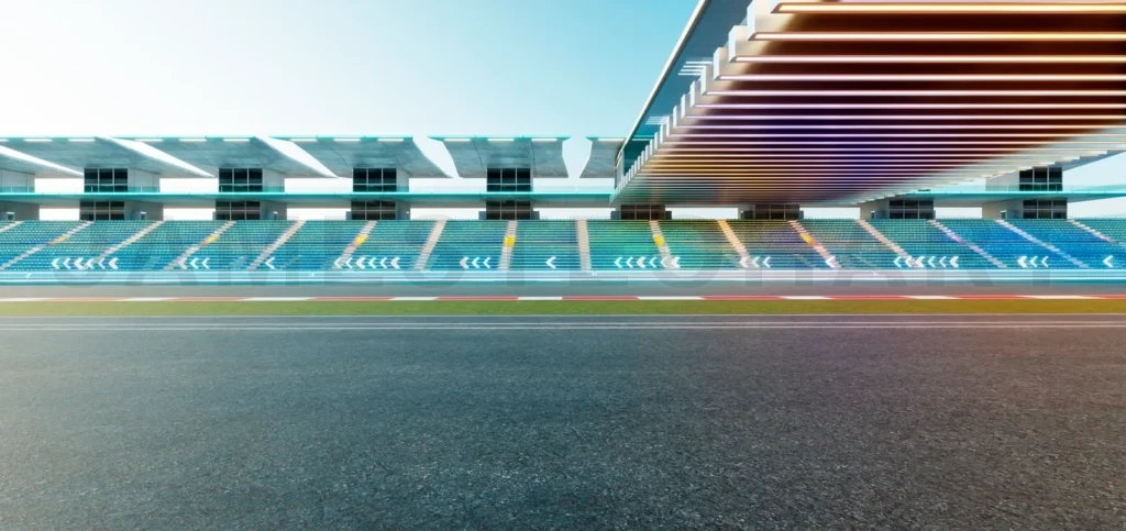 
3d rendering racetrack circuit with empty grandstand and speed light trails
