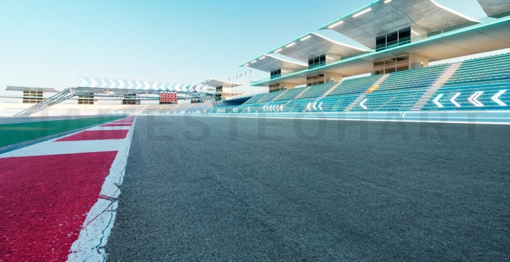 
3d rendering empty paved racing track with modern grandstand sta