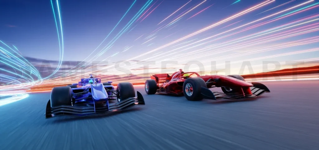 
3d rendering two racing cars competing on futuristic track with light trails at sunset