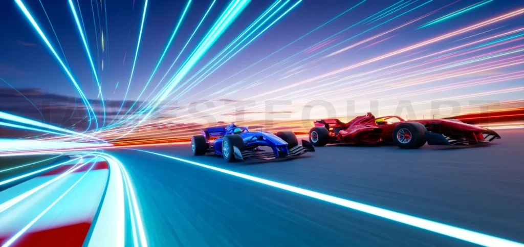 
3d rendering two racing cars competing on futuristic track at sunset