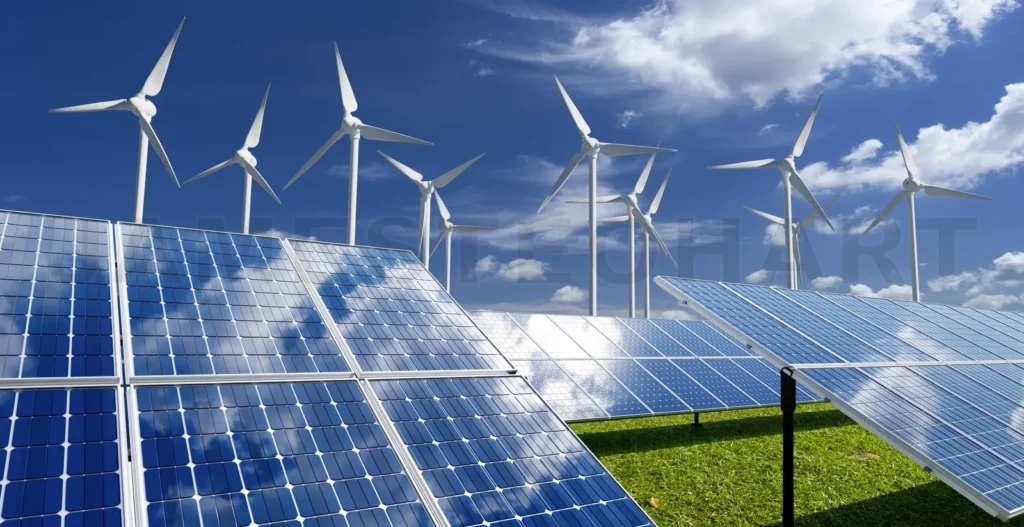 
Solar panels and wind generators under blue sky