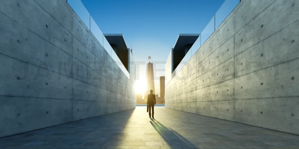 
Businessman walk from the alley upward to modern urban city