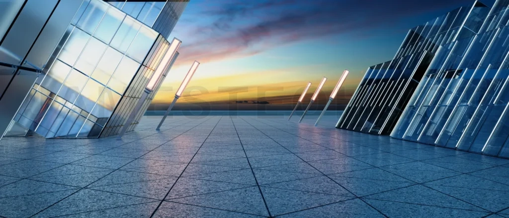 
Triangle shape marble ground with contemporary buildin