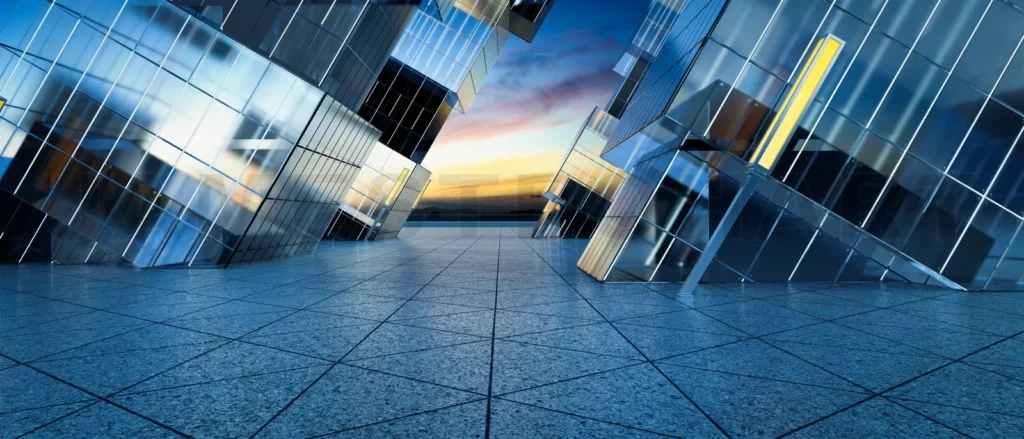 
Triangle shape marble ground with contemporary buildin