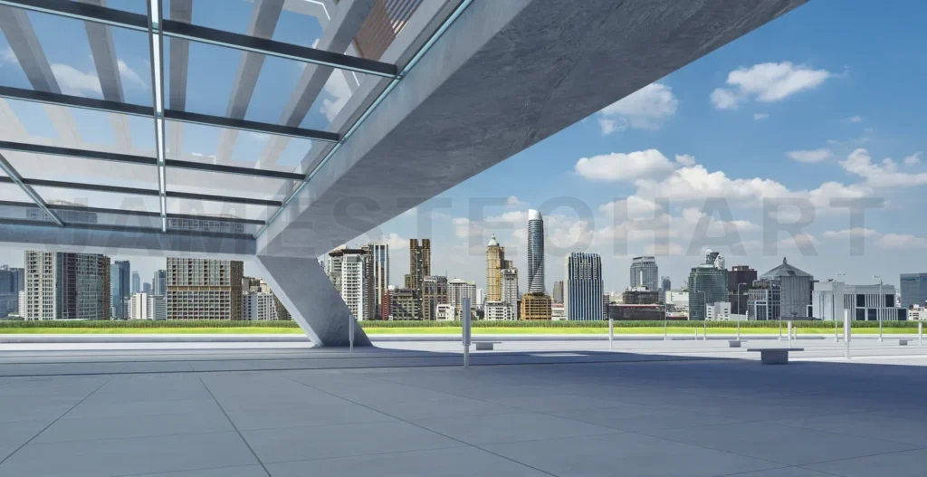 
Perspective view of empty floor and modern rooftop building