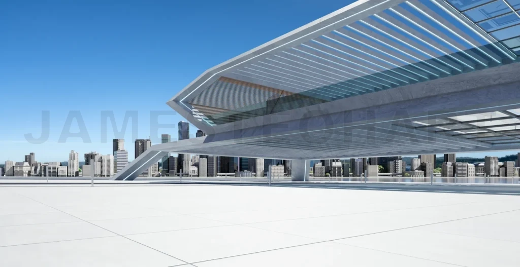 
Perspective view of empty floor and modern rooftop building