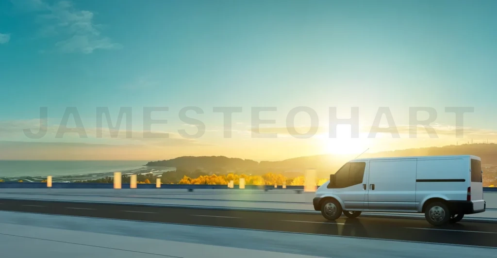 
Van delivery on road at sunrise