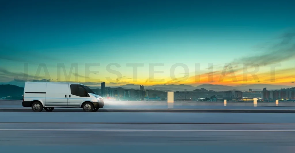 
Van delivery on road at sunrise