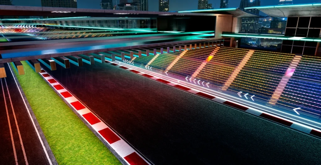 
3d rendering futuristic racetrack stadium at night promoting speed