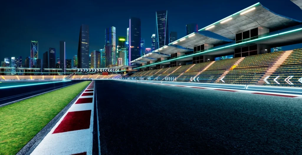 
3d rendering empty racetrack grandstands overlooking modern city skyline at night