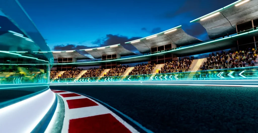 
3d rendering illuminated futuristic racetrack at night with cheering crowd
