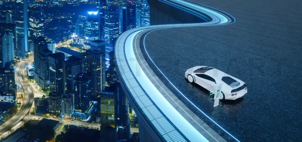 
3d rendering electric car charging on futuristic rooftop road overlooking city