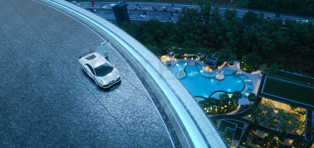 
3d rendering electric car charging on modern urban rooftop building