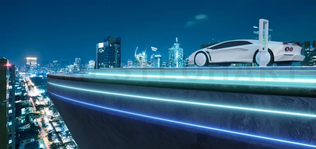 
3d rendering electric car charging on futuristic rooftop cityscape at night