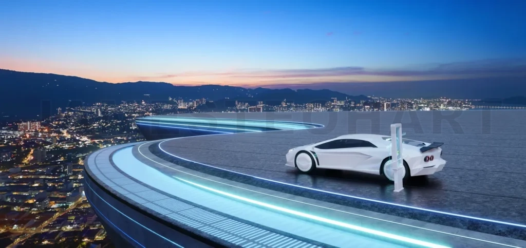 
3d rendering electric car charging on futuristic rooftop overlooking city