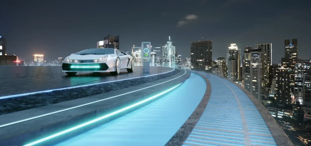 
3d rendering electric car charging on futuristic city rooftop at night