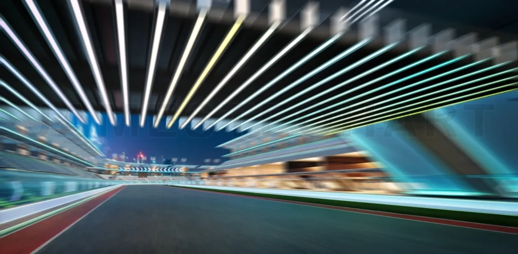 
3d rendering speeding under futuristic illuminated tunnel on a racetrack at night