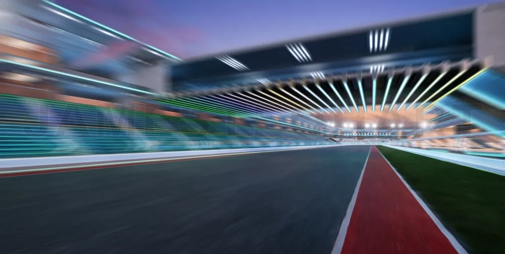 
3d rendering racing track at dusk with motion blur effect, showing speed and competition
