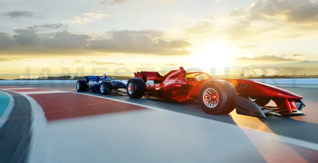 
3d rendering red racing car overtaking blue racing car on a circuit at sunset