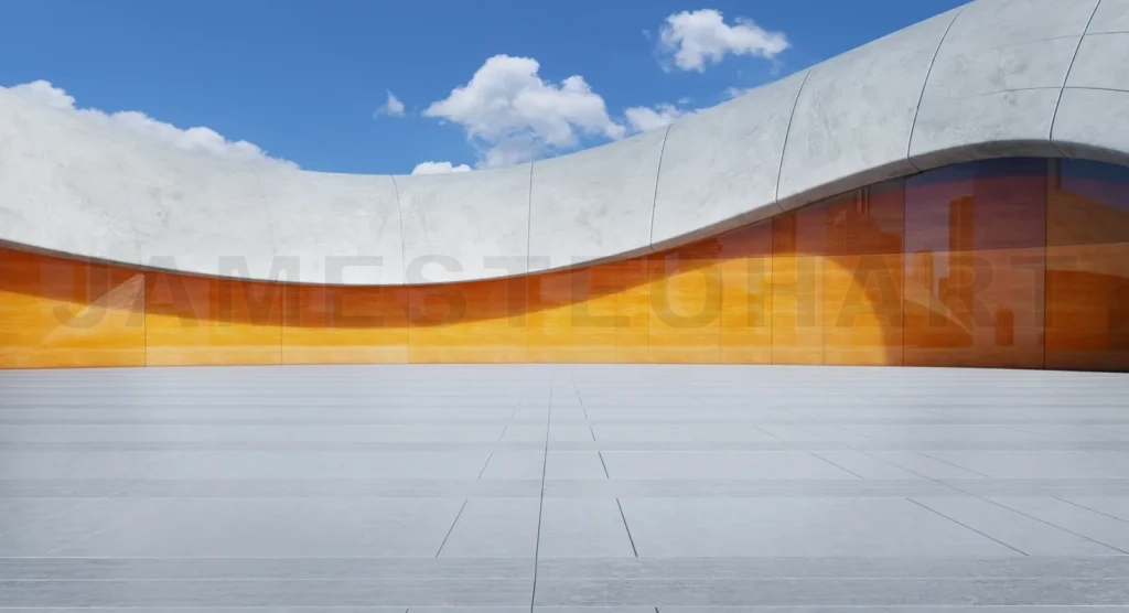 
3D rendering Modern building exterior with orange glass facade and concrete canopy on a sunny day