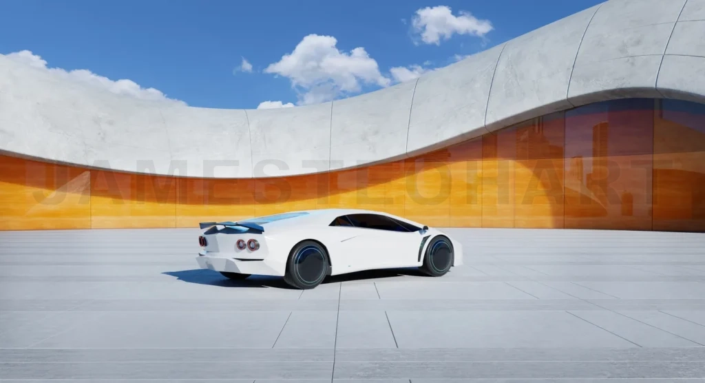 
3D rendering White futuristic sports car parked in front of modern building