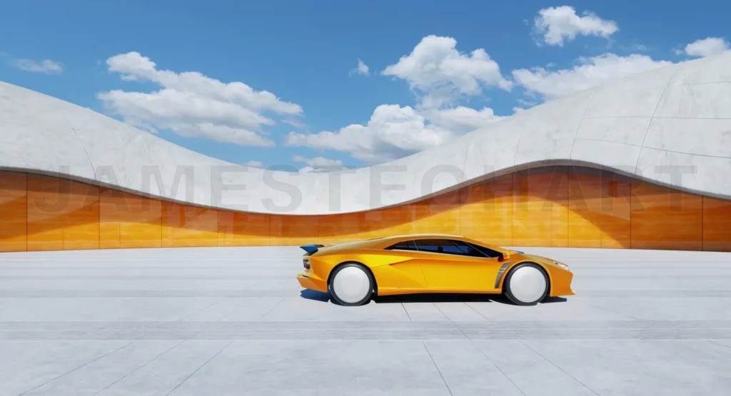 
3D rendering Orange sportscar parked in front of modern building with wavy walls