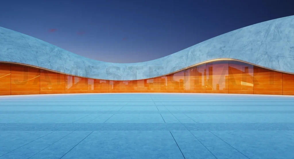 
3D rendering Modern building exterior with orange glass facade reflecting city skyline at dusk
