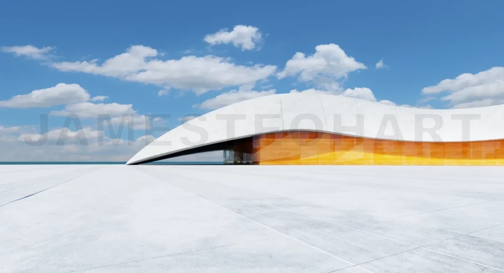 
3D rendering Modern architecture building with curved roof and orange glass facade overlooking the sea