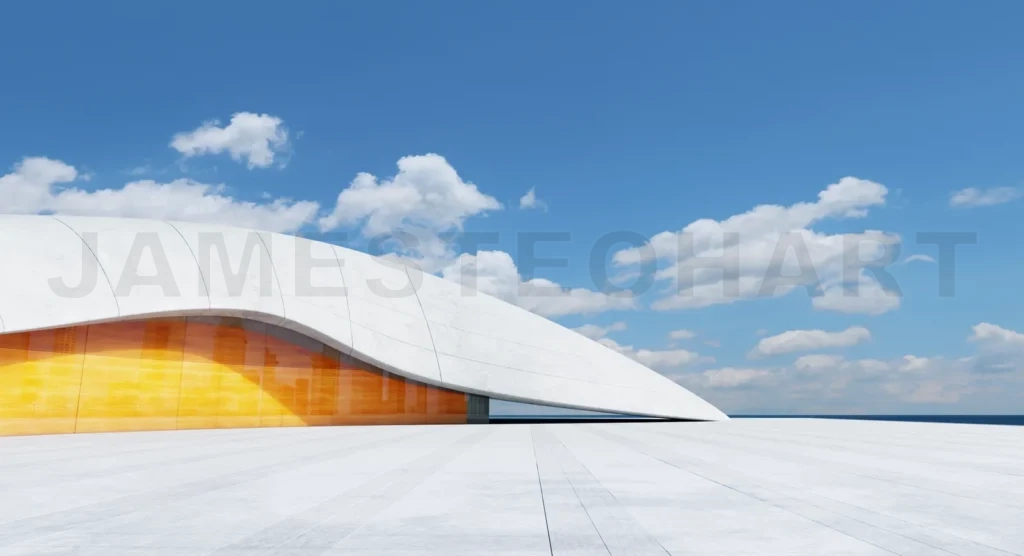 
3D rendering Modern architecture building with curved roof and orange wall overlooking the sea