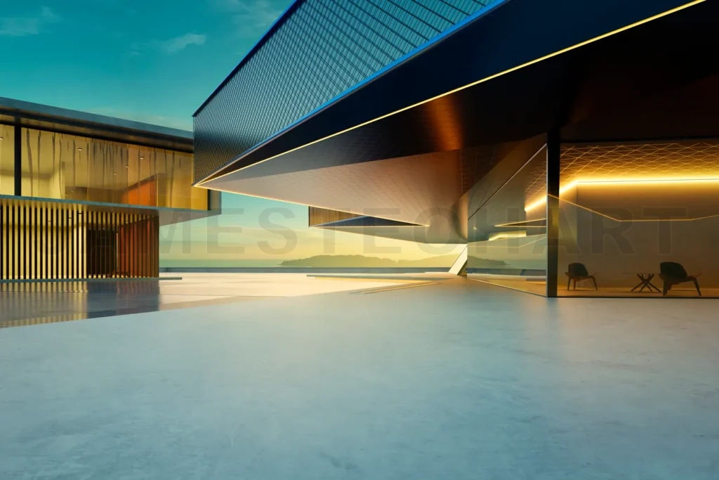 
3D rendering modern empty office building waiting for employees at sunset