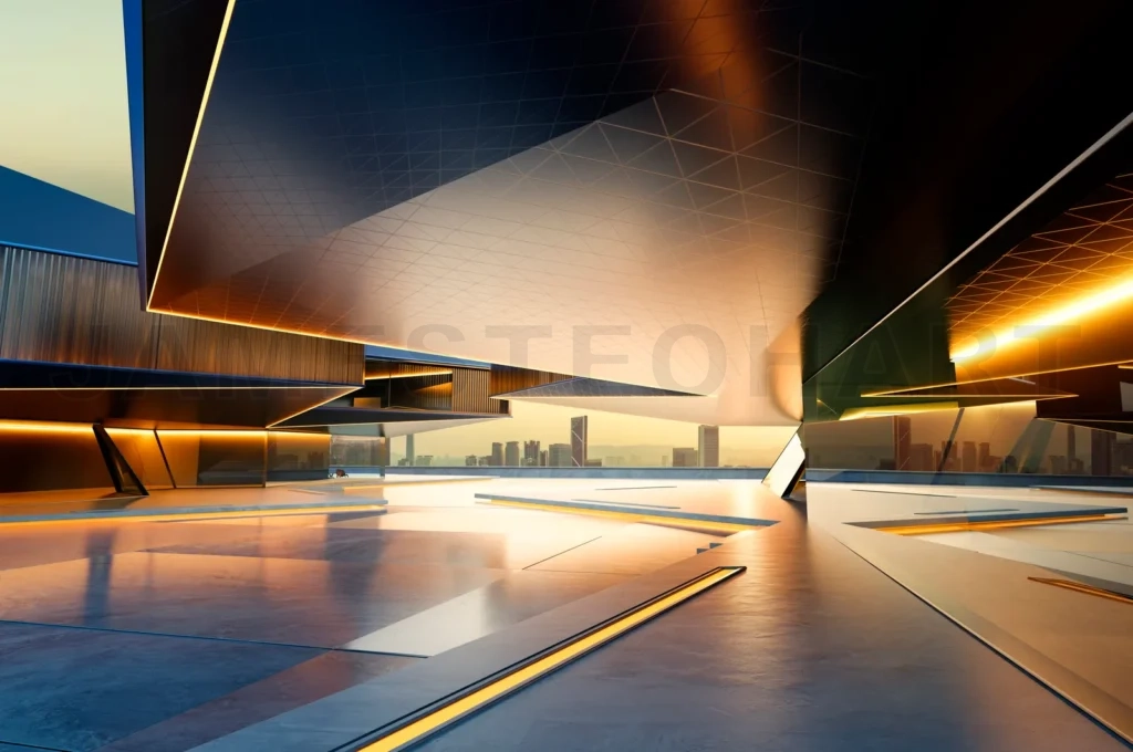 
3D rendering modern empty building interior with cityscape view at sunset