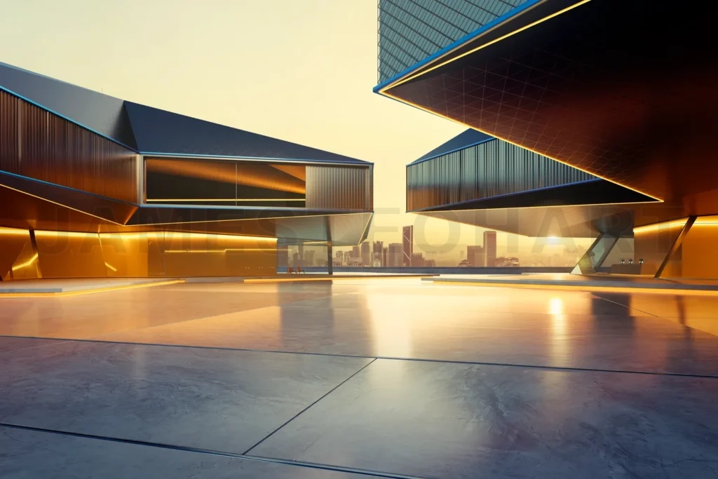 
3D rendering modern empty concrete ground with city skyline in background at sunset