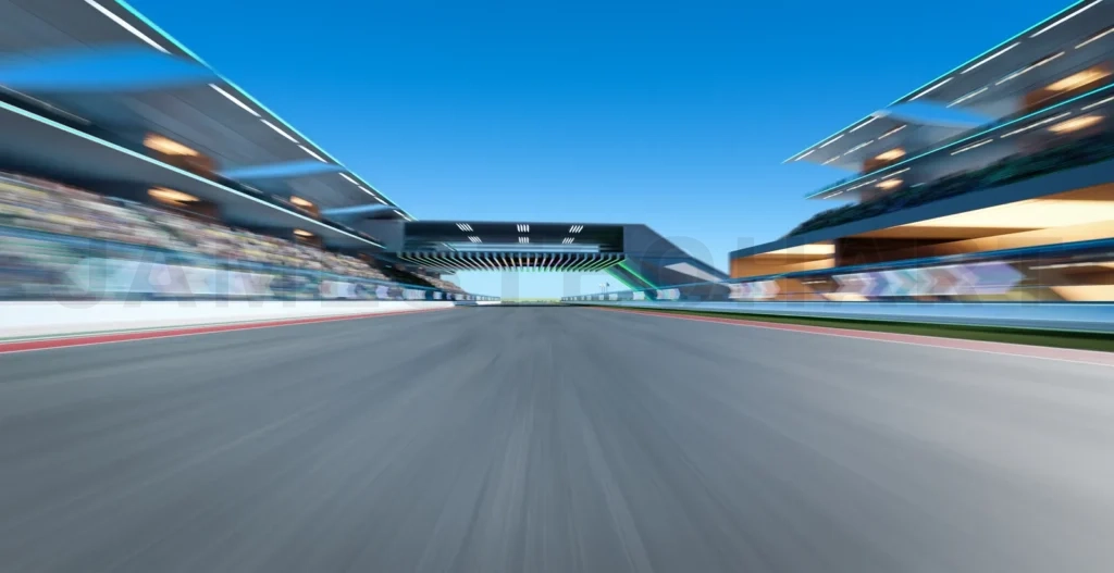 
3d rendering moving racetrack with arrow sign neon light