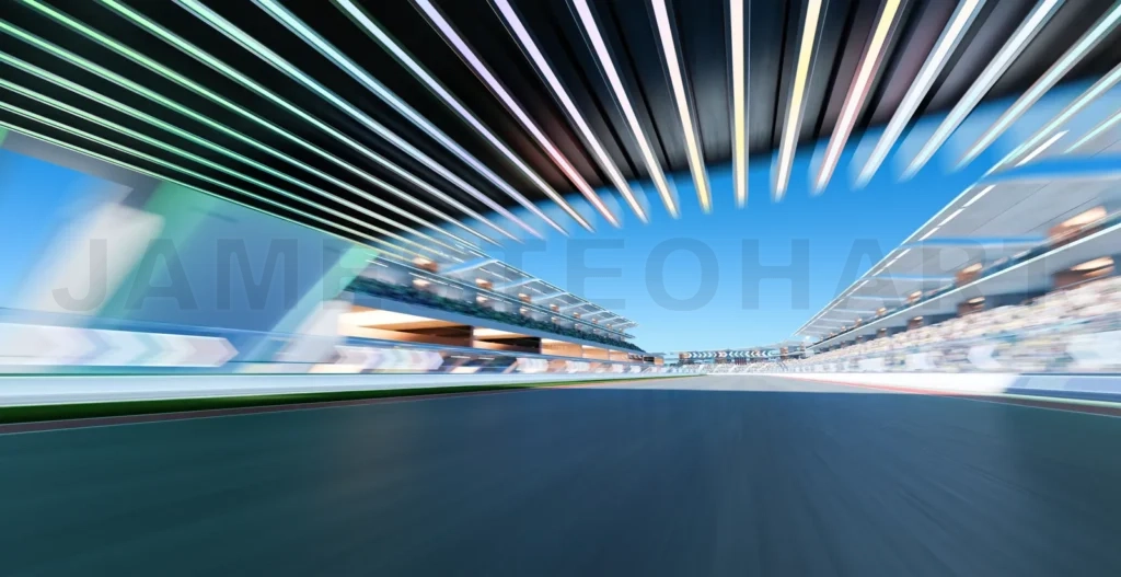 
3d rendering moving racetrack with arrow sign neon light