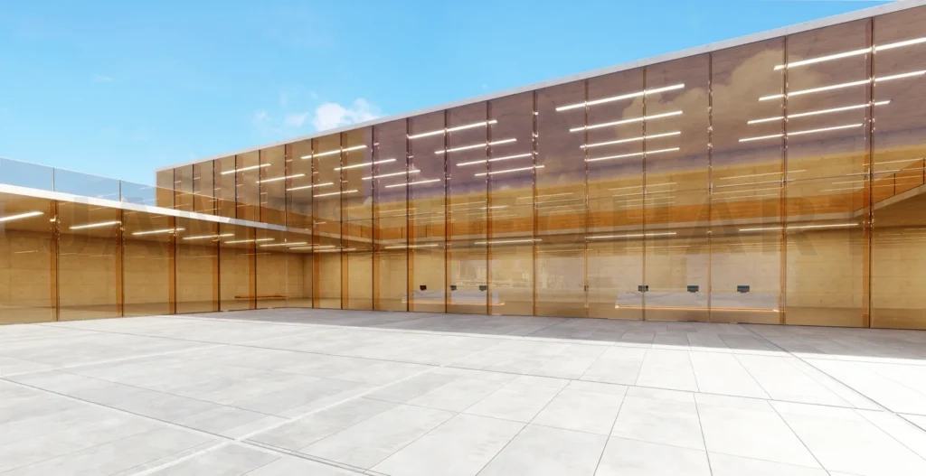 
3d rendering modern glass and concrete building reflecting blue sky and clouds