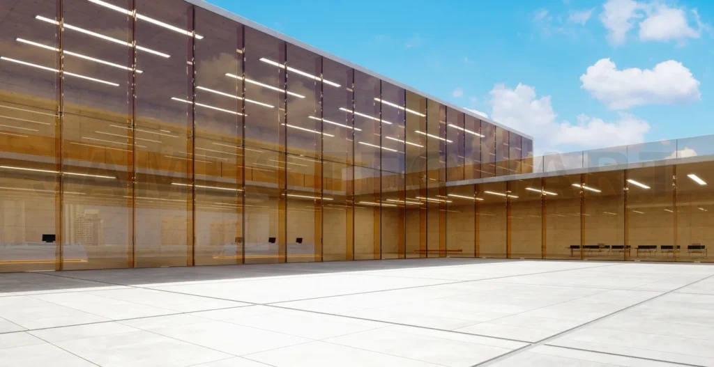 
3d rendering modern glass and concrete building reflecting blue sky and clouds