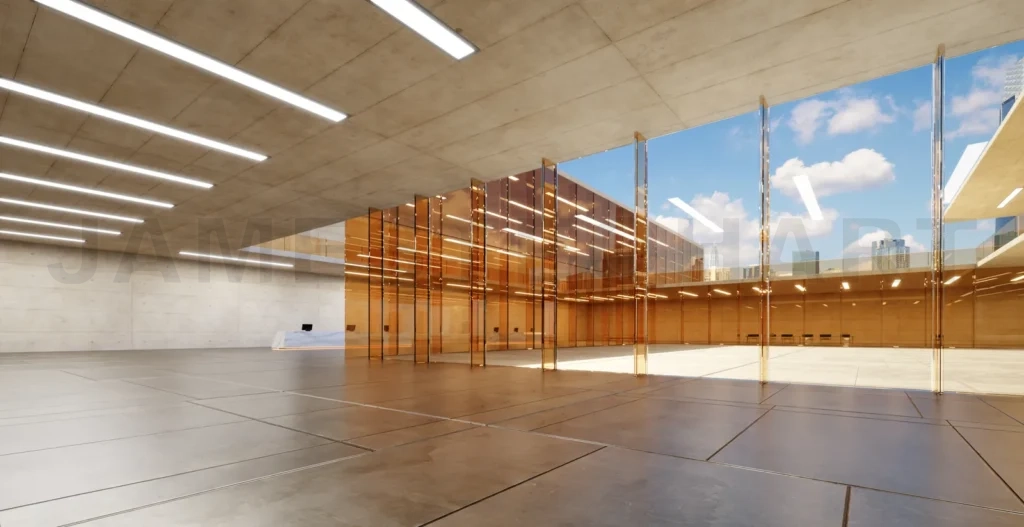 
3d rendering modern empty building lobby opening into courtyard with city view