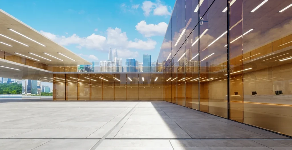 
3d rendering modern glass building reflecting city skyline under blue sky