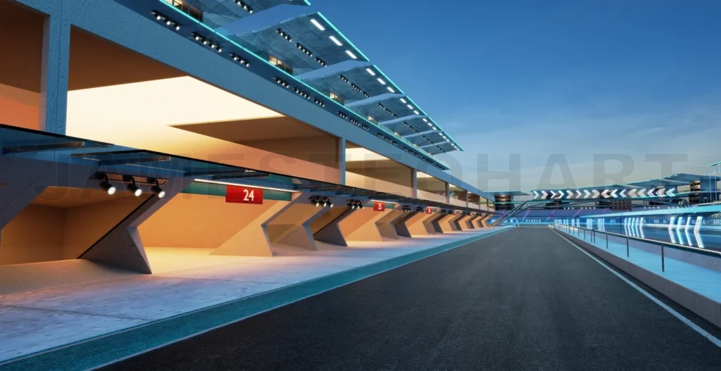 
3d rendering does not exist modern racing garage