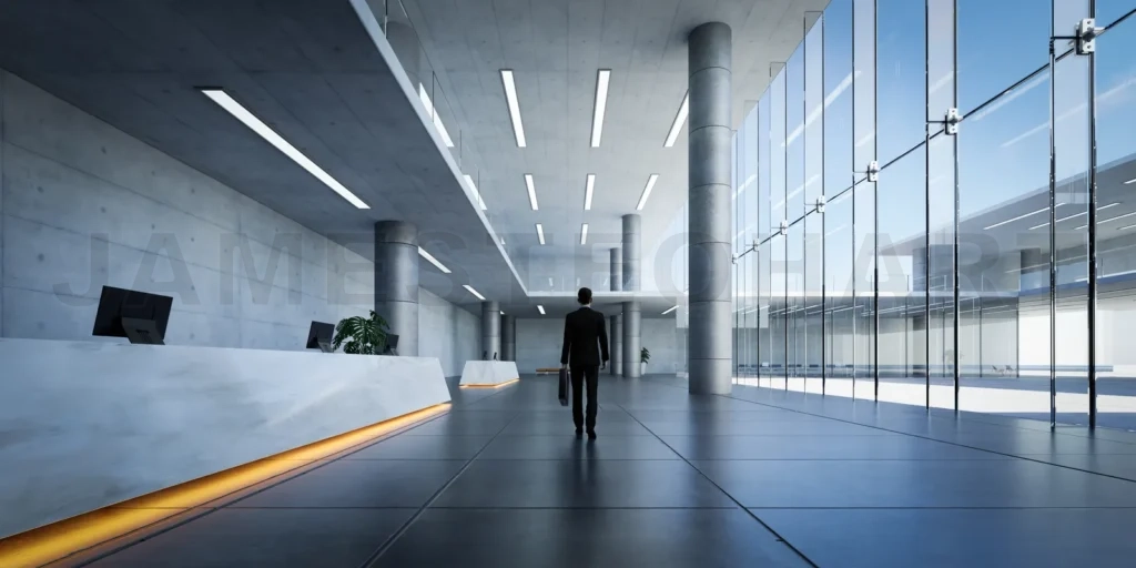 
Businessman walks at reception of business building