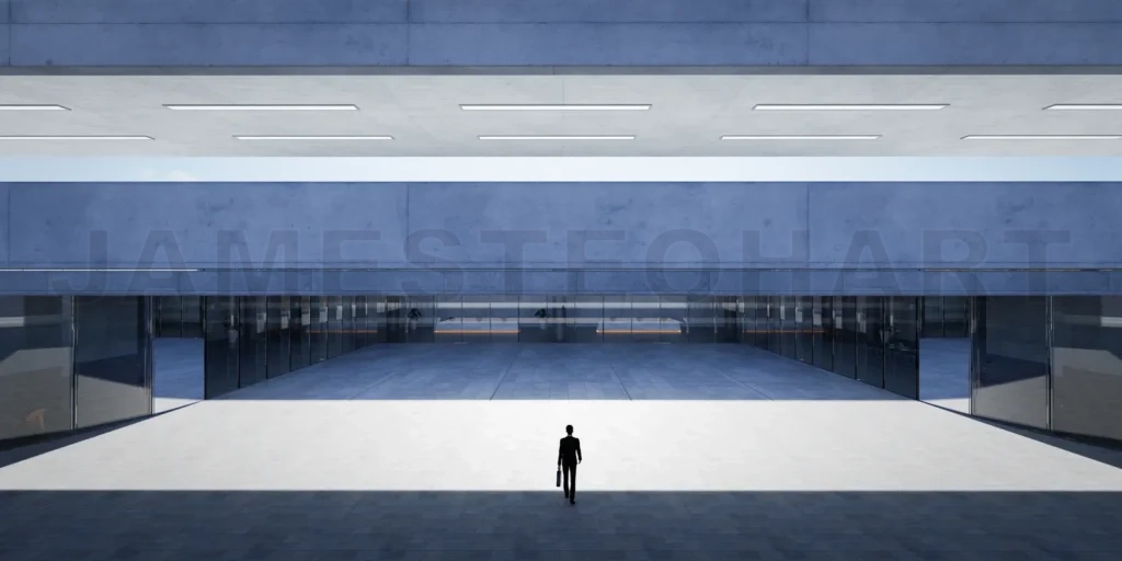 
Businessman walks into company headquarters