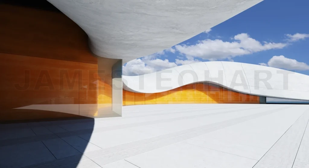
3D rendering Modern building exterior showing orange glass and concrete facade with cloudy sky