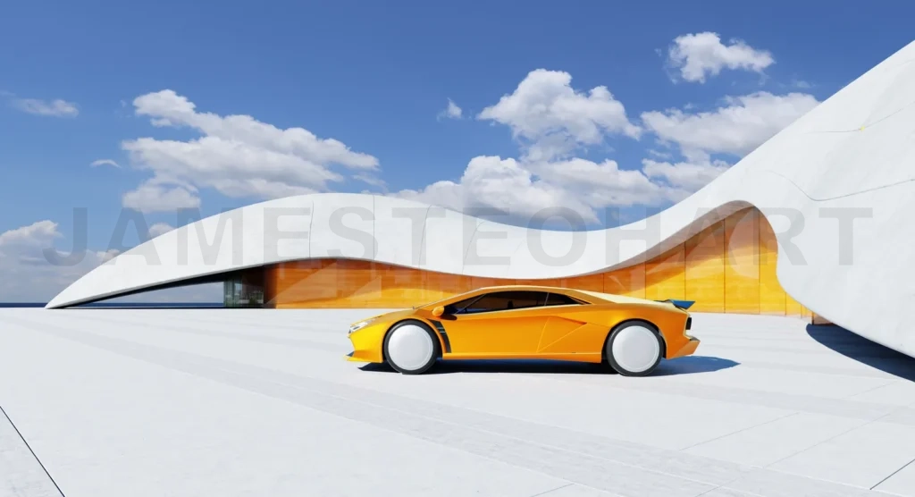 
3D rendering Orange modern sports car parked near futuristic building